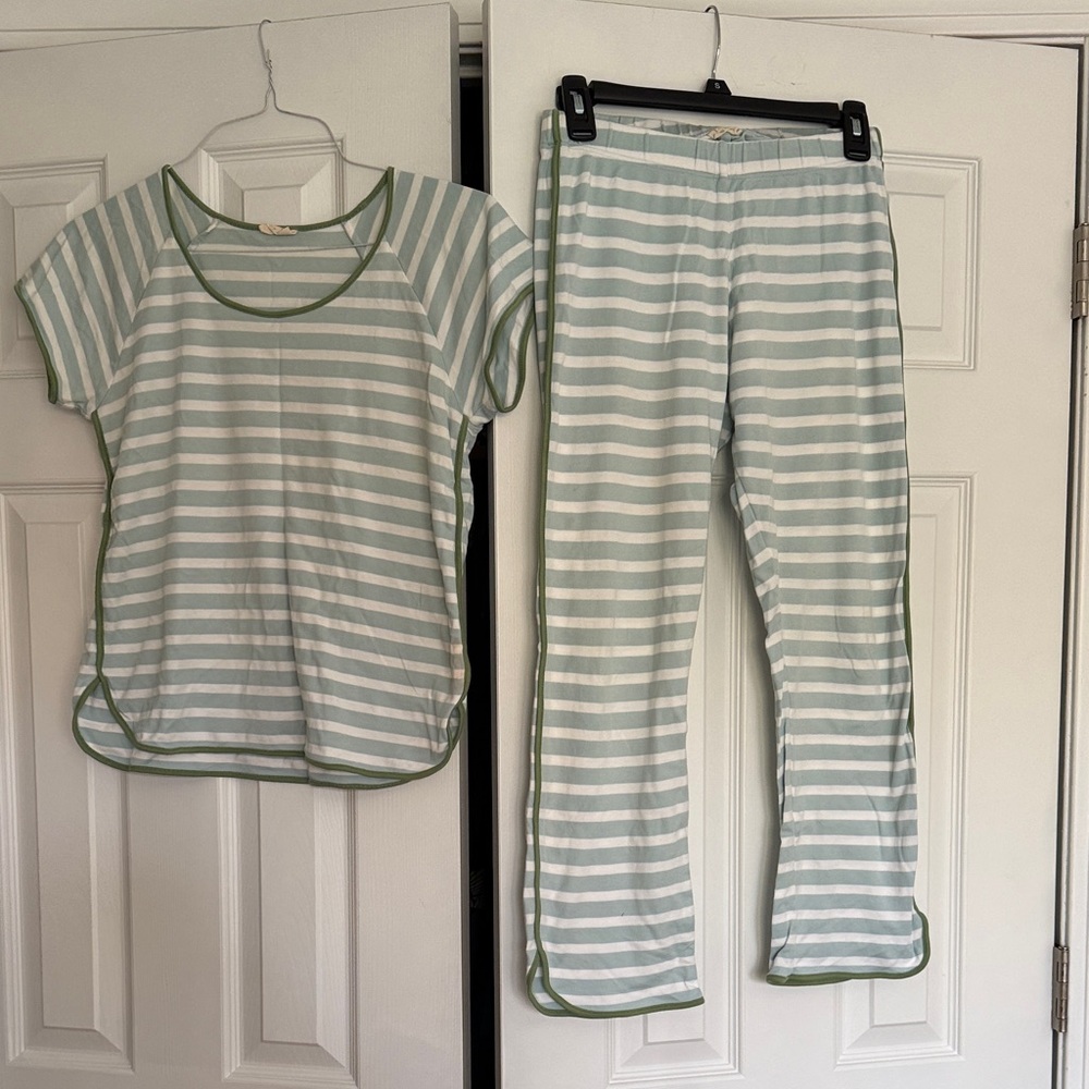 Women's Mint & White Striped Pajama Set with Olive Trim